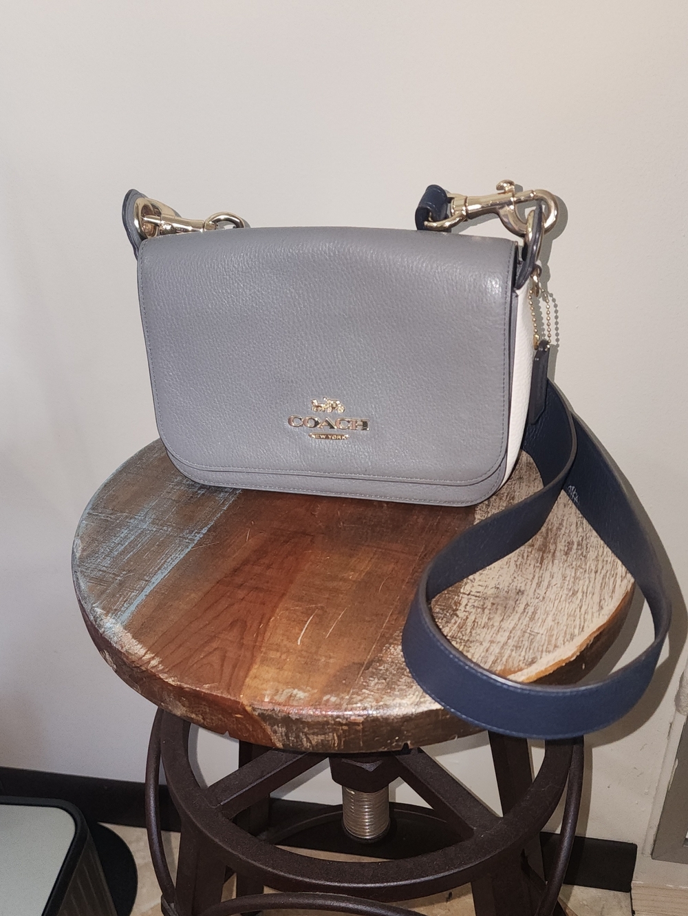 Coach Small Jes Messenger Pebbled Leather Crossbody Gray White Navy Purse F76699